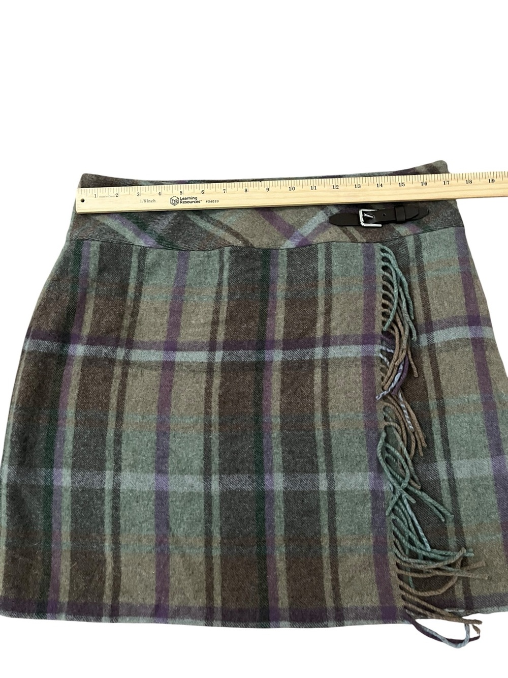 Lauren Ralph Lauren Plaid Fringe Trim Tweed Mini Skirt Buckles Sz 12 Wool Blend - Picture 10 of 15